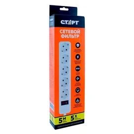 СТАРТ желі сүзгісі 5м, 5 розетка, 10A, ақ (4610116223635) фото #1