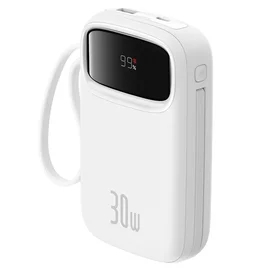 Сыртқы аккумулятор Baseus, QPow2 DGT 10000mAh+2 құбырлы кабель 30W, Ақ (BAS-P1005500821300) фото #1