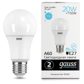 Светодиодная лампа Gauss Elementary A60 20W 1750lm 6500K E27 LED холодный фото